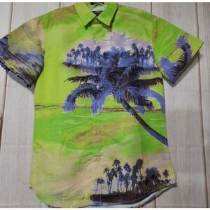 Carbon Shirt Men's Small Slim Fit Hawaiian Green Purple Button Front Short Sleev